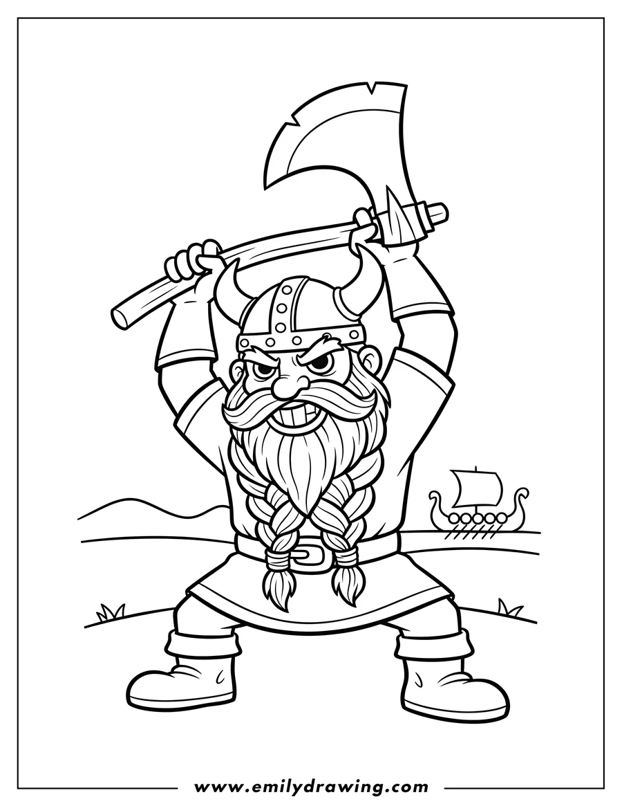 PDF style coloring page: scary Viking with braided beard swinging his axe with both hands