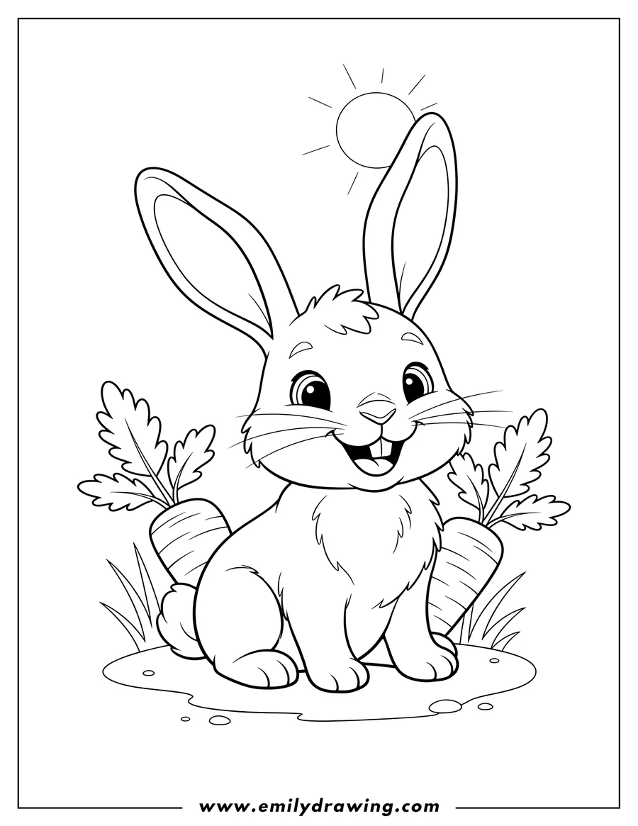 Printable line art of baby Rabbit With Big Ears To Color Scaled, smiling, showing prominent front teeth, and sitting between carrots