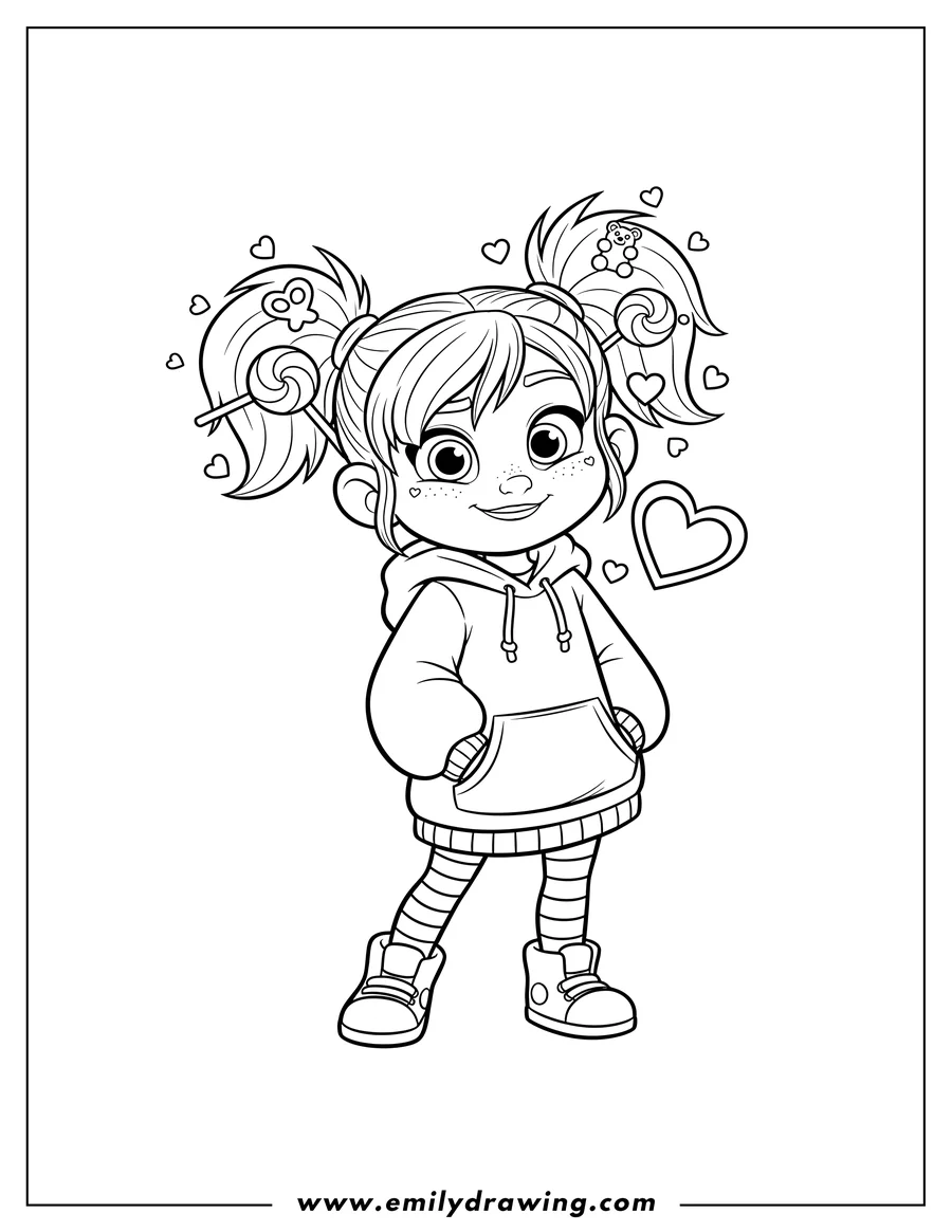 Vector style outline of spunky Vanellope with hands in hoodie pockets and candy glitches in hair, with heart, for preschoolers
