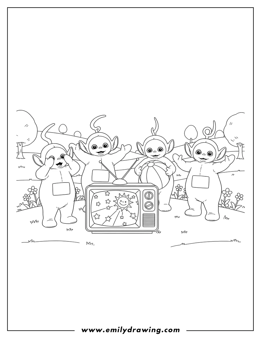 Doodle style coloring picture of teletubbies Tv, four Teletubbies standing, one with hands clasped to face