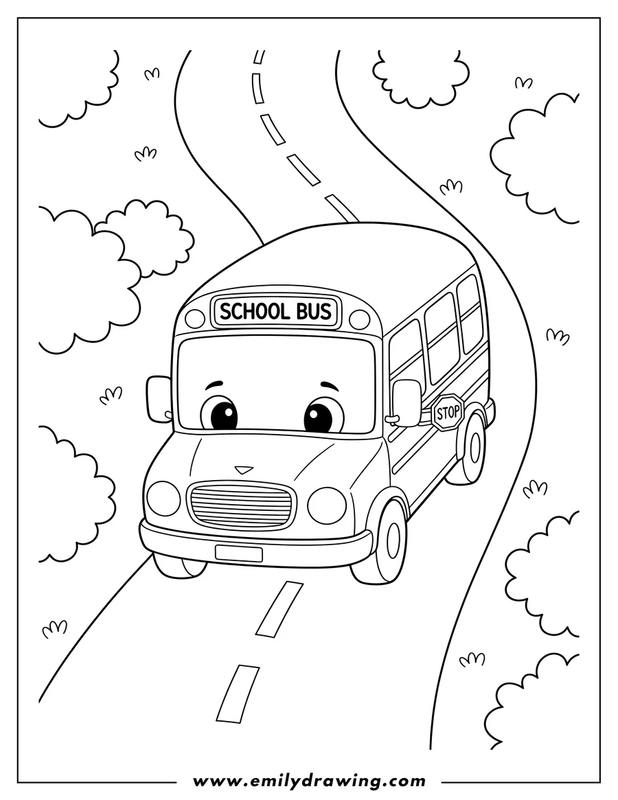 Coloring sheet featuring top View Small School Bus On Road with 'SCHOOL BUS' sign on front
