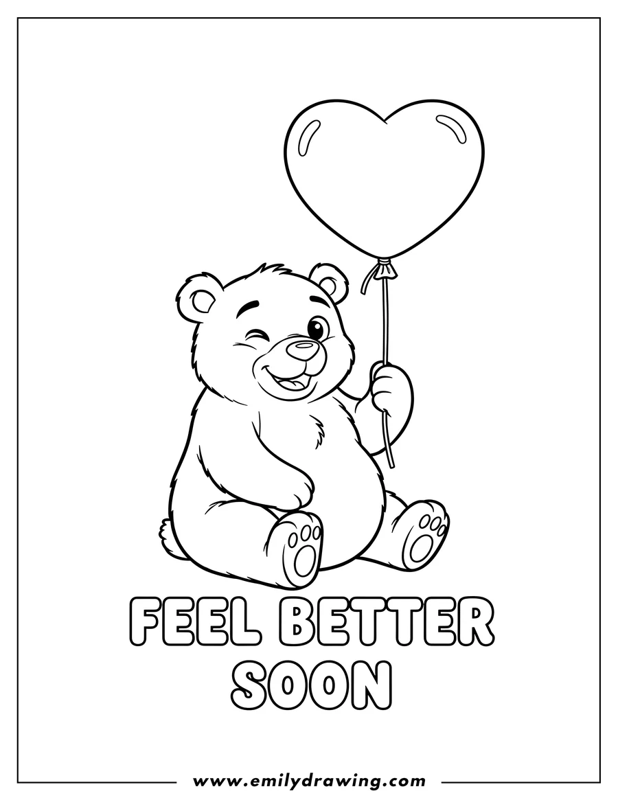 Linear illustration of winking bear sitting with heart balloon and Feel better Soon text