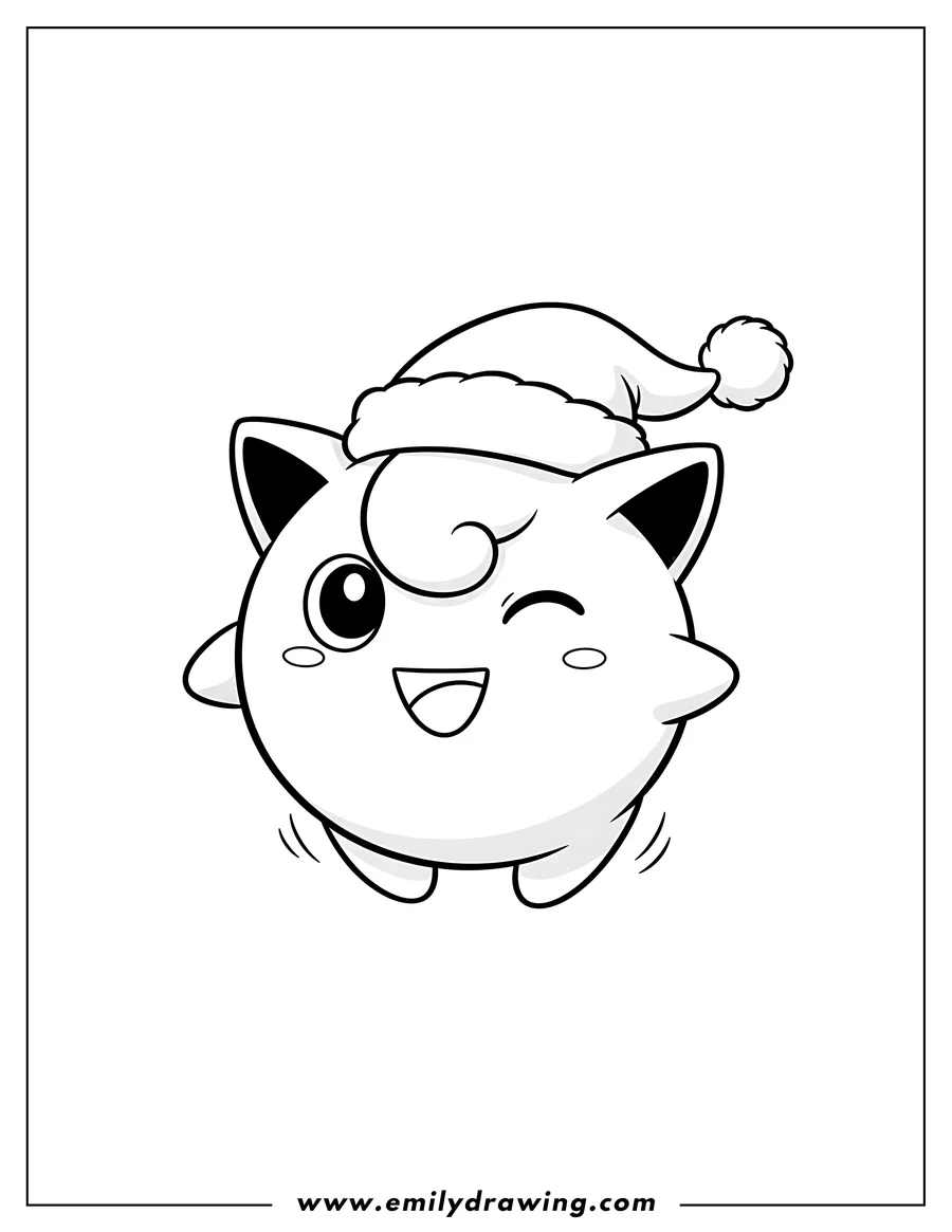 Printable line art of winking, happy Jigglypuff wearing a Santa hat, floating with an open mouth