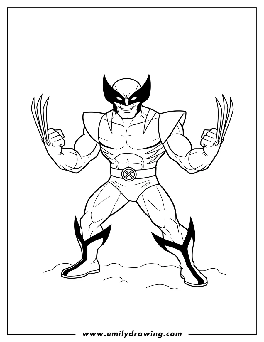 Clean line drawing: X Men Wolverine V2 standing with claws extended
