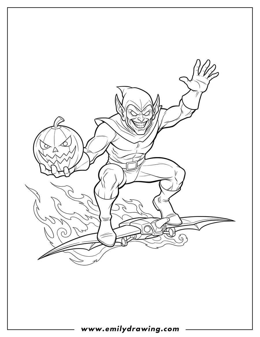 Vector style outline of comic Green Goblin with an evil grin, flying on a flaming glider, holding a pumpkin bomb and raising one hand