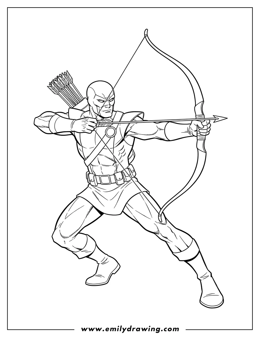 Free to print drawing of comic Hawkeye drawing his recurve bowstring in a dynamic action pose, with a quiver full of arrows