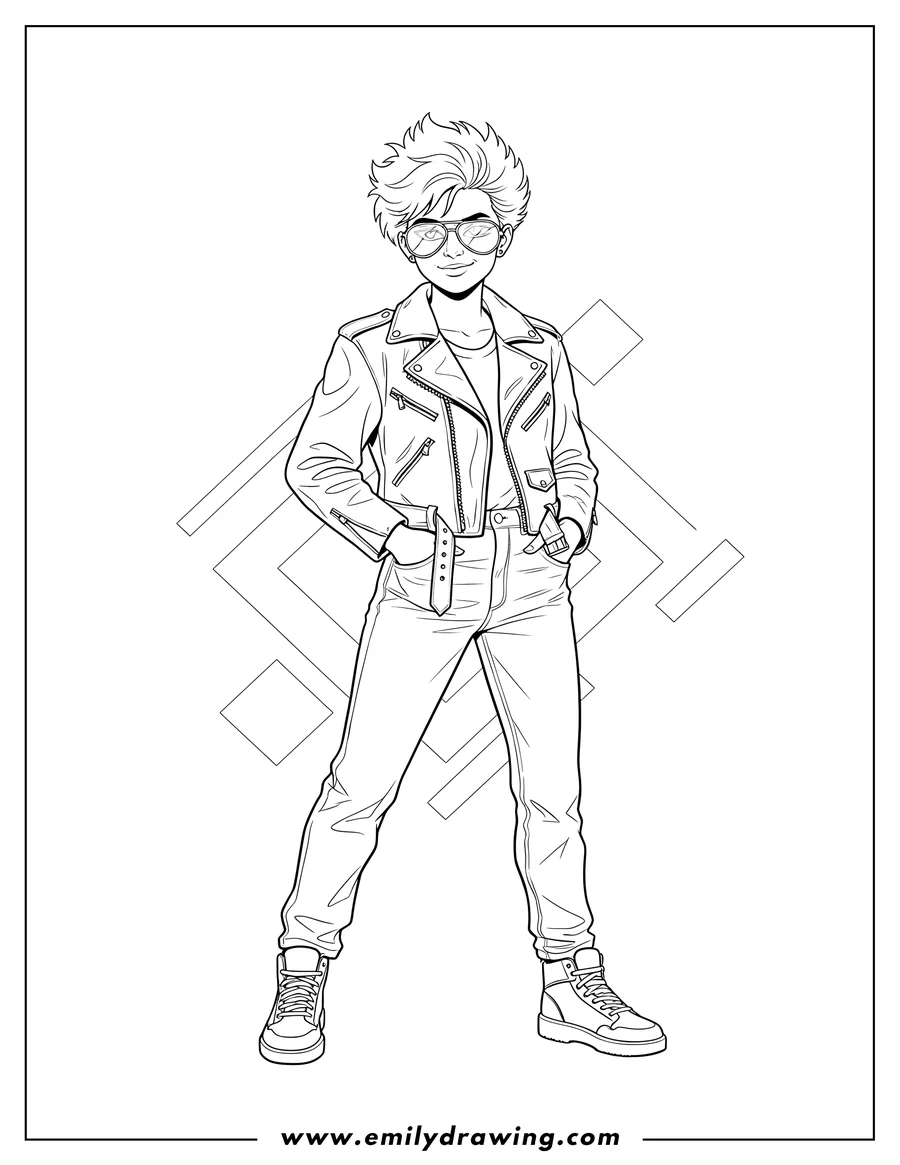 Outline drawing of confident 80s Teen wearing a leather jacket and aviator sunglasses, hands in pockets