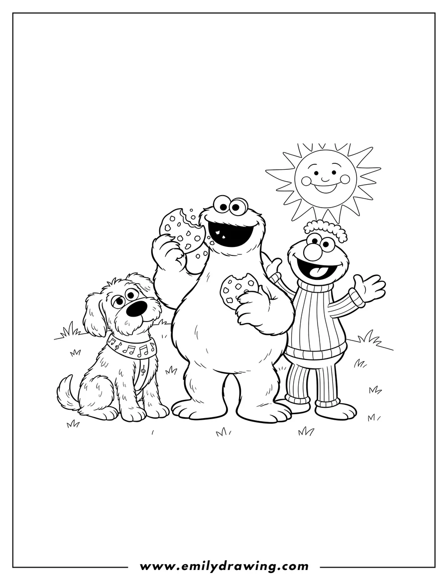 Clean line drawing: cookie Monster eating a cookie with Grover smiling and Barkley sitting wearing a musical note harness