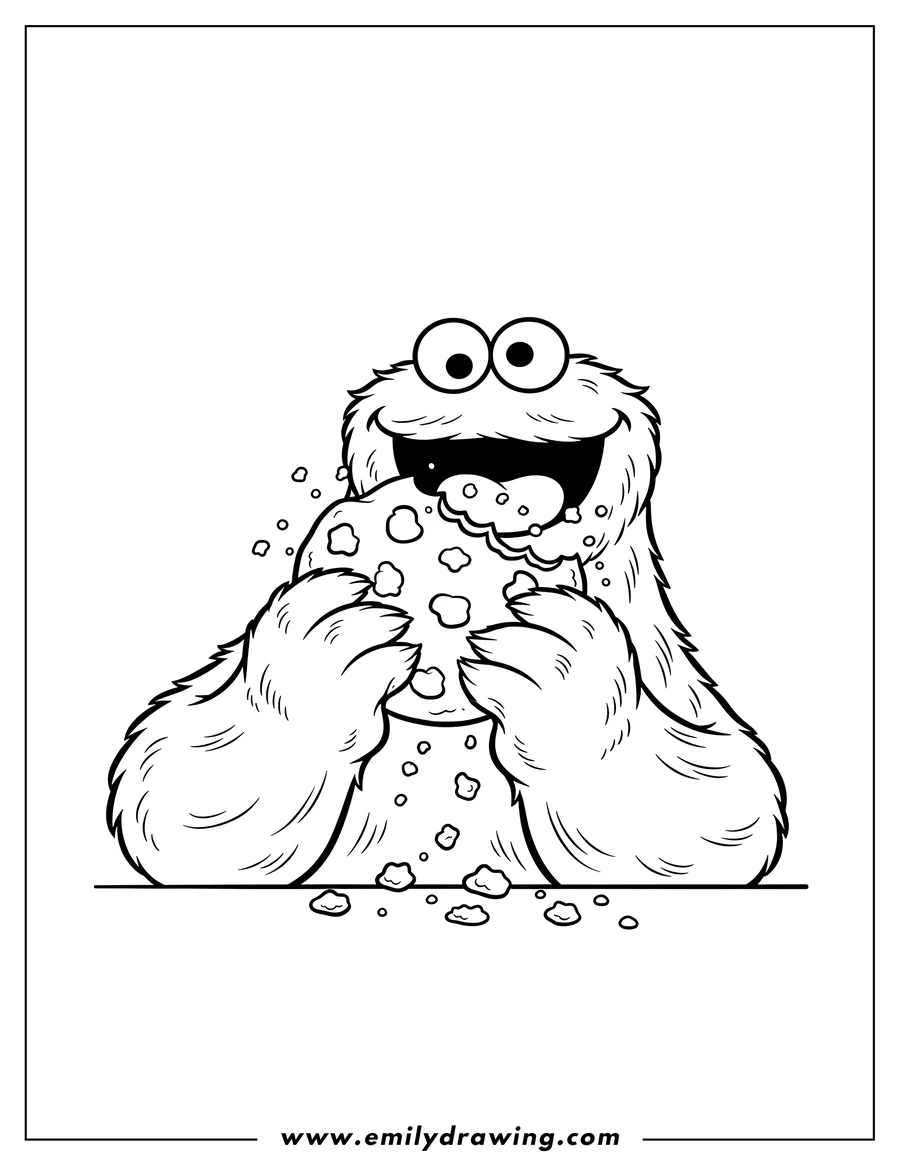 Full page coloring image of cookie Monster happily eating a cookie with crumbs around his mouth