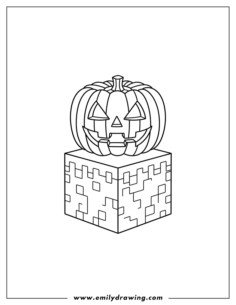 Outline drawing of cool Minecraft block Jack O Lantern standing on another block
