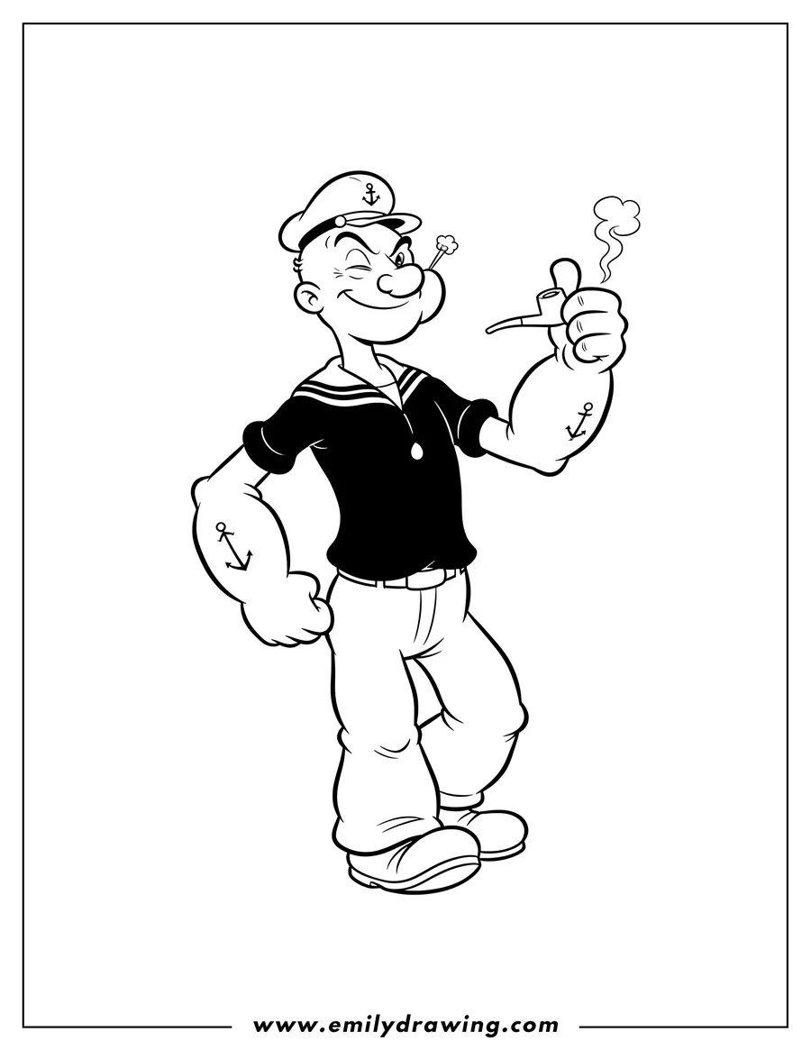 PDF style coloring page: cool Popeye Walking, winking, giving a thumbs up, and smoking a pipe