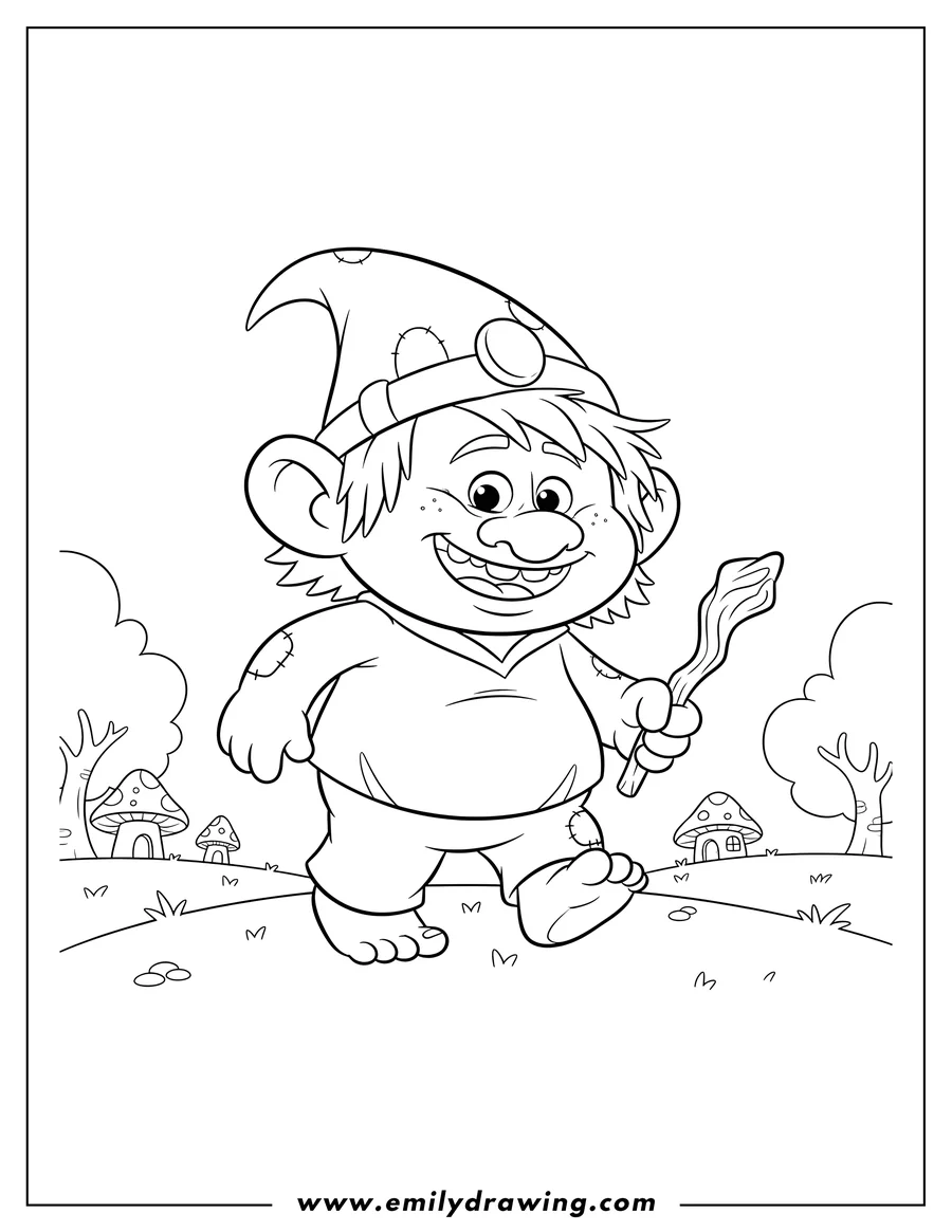 Vector style outline of cooper Troll Young in a hat, smiling and walking