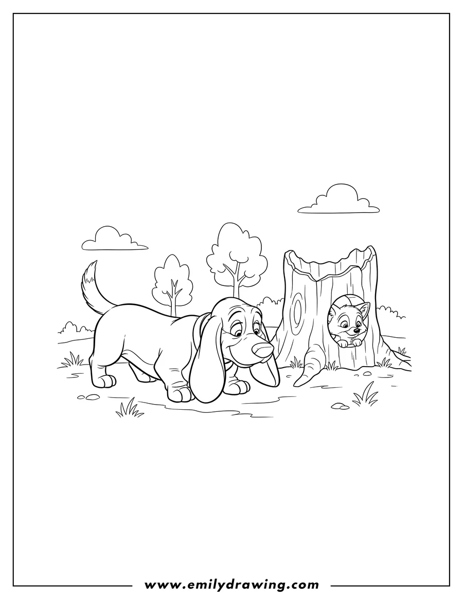 Clean line drawing: copper sniffing the ground for Todd, who is peeking from a tree stump