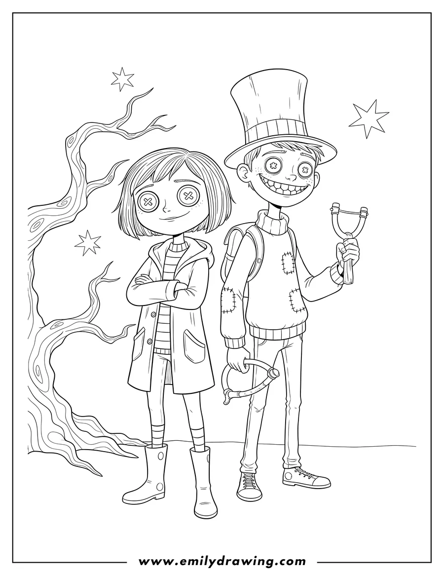 Simple sketch of coraline with crossed arms and Wybie holding a slingshot, both with scary smiles to color