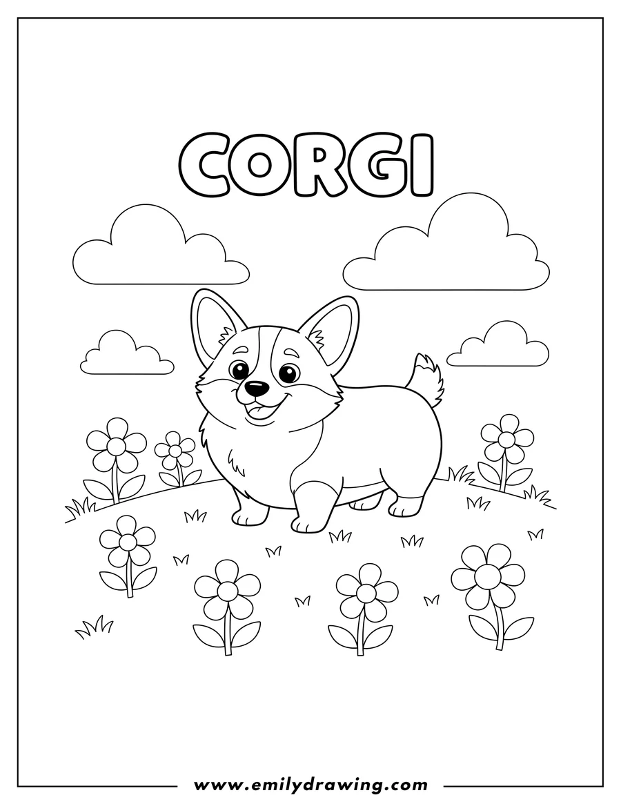 Printable coloring page of easy Corgi smiling, standing on a grassy hill with flowers, with 'CORGI' text and clouds in the sky, for preschoolers