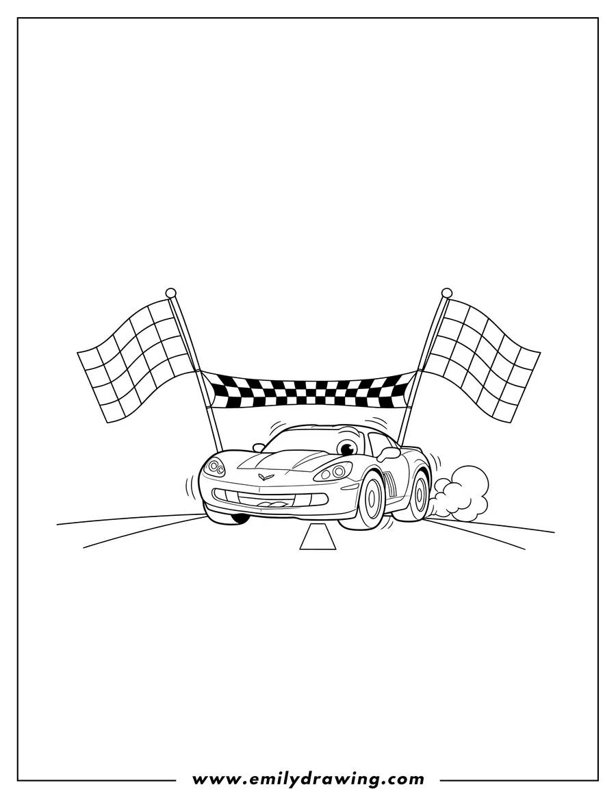 Coloring page of corvette American Muscle Car To Color, crossing a finish line with checkered flags