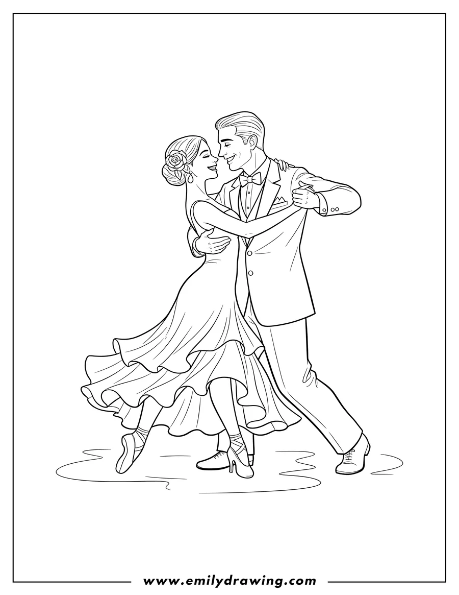 Downloadable coloring page of couple Dancing Tango To Color, with faces close together and woman's leg extended
