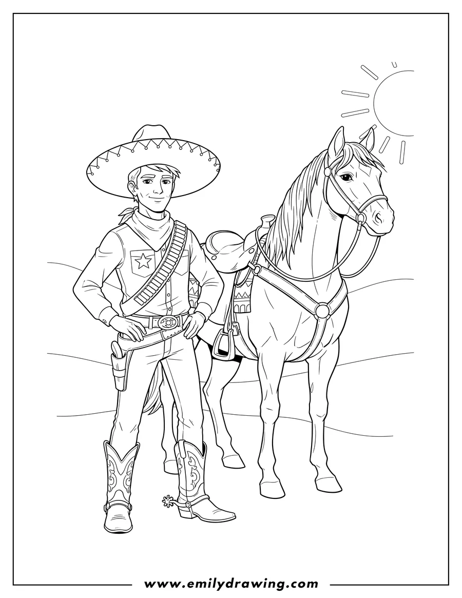 Coloring page of cowboy in a sombrero with a bandolier, standing next to a horse