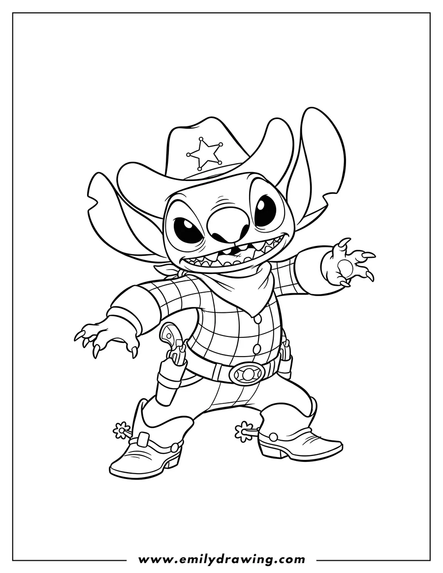Simple sketch of cowboy Stitch in a plaid shirt with a fierce expression, for preschoolers to color