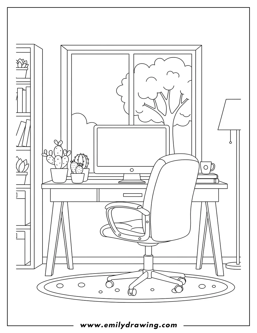Linear illustration of cozy Home Office With Succulents, with a computer on a desk and an office chair