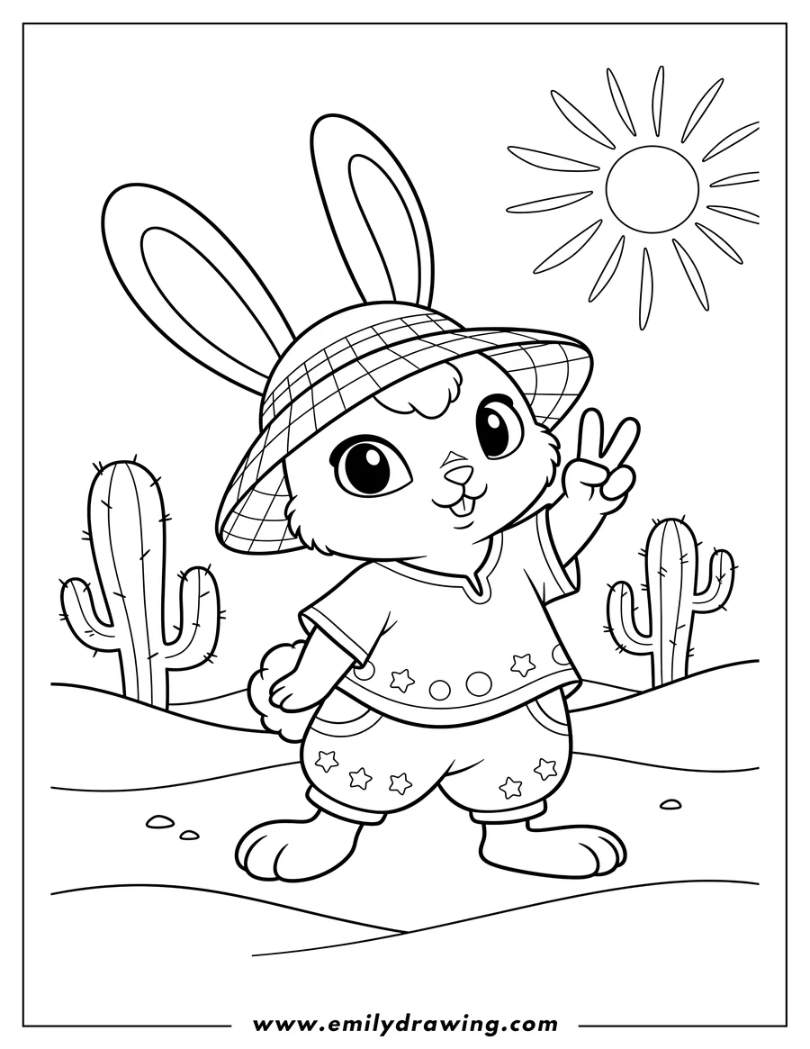 Printable line art of cream Rabbit Desert making a peace sign