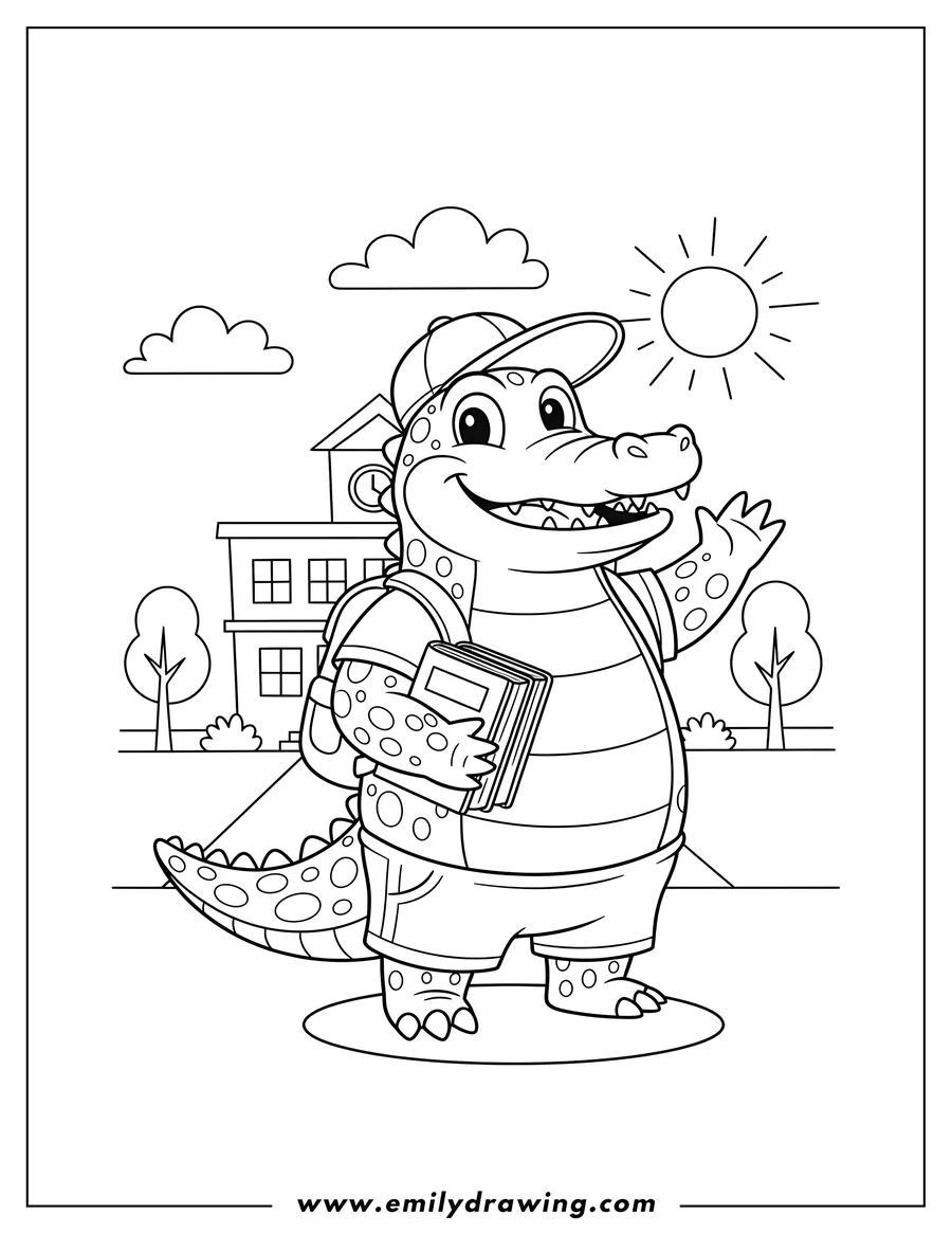 Coloring page of crocodile Cartoon Character Going To School Scaled, wearing a cap and backpack, waving