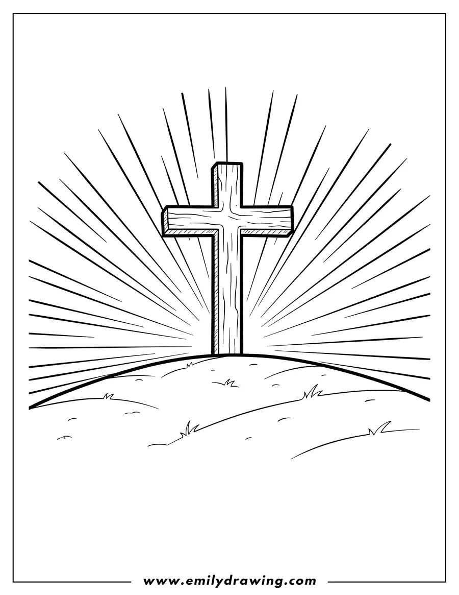Printable coloring page of cross on a hill with rays of light
