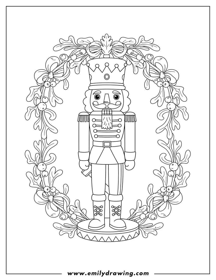 Clean line drawing: easy crowned nutcracker in uniform with mistletoe frame