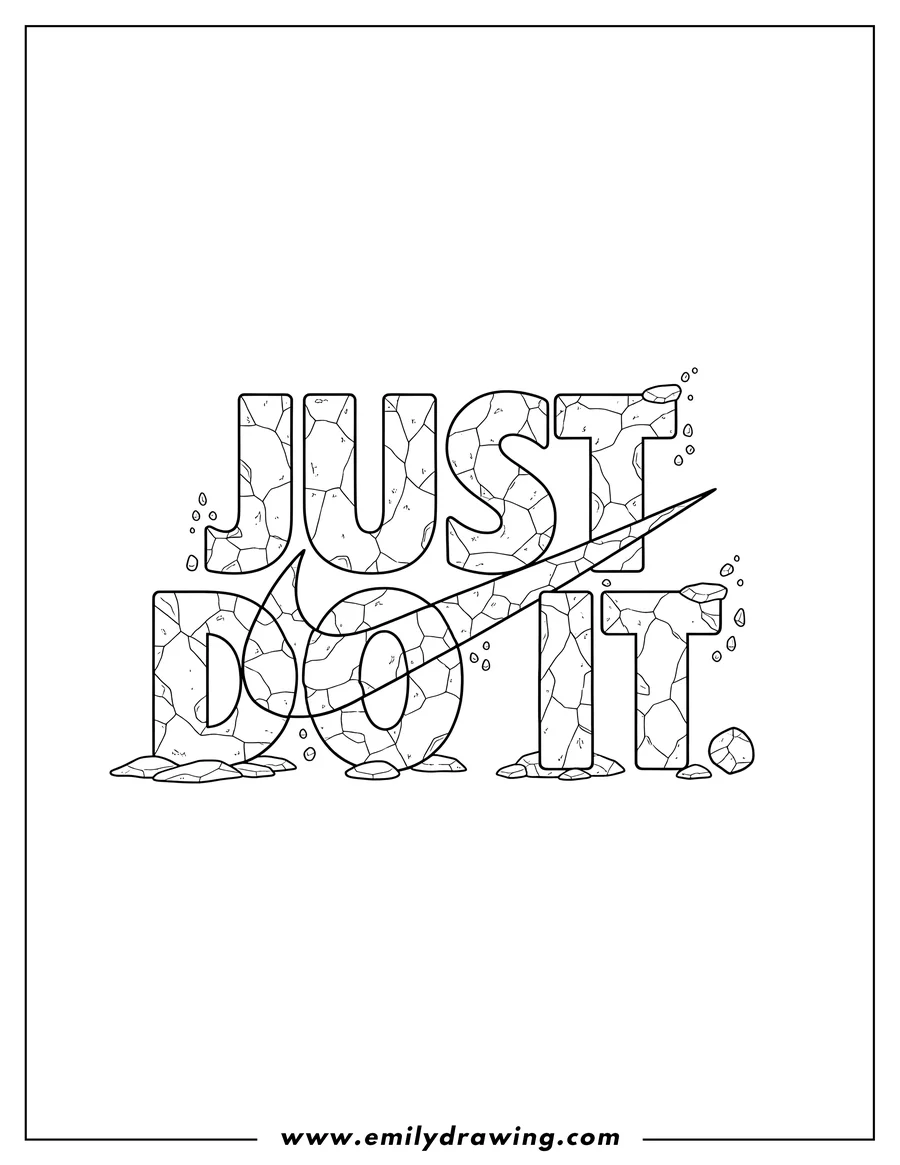 Vector style outline of crumbling 'Just Do It' text made of broken stone, with the Nike swoosh integrated