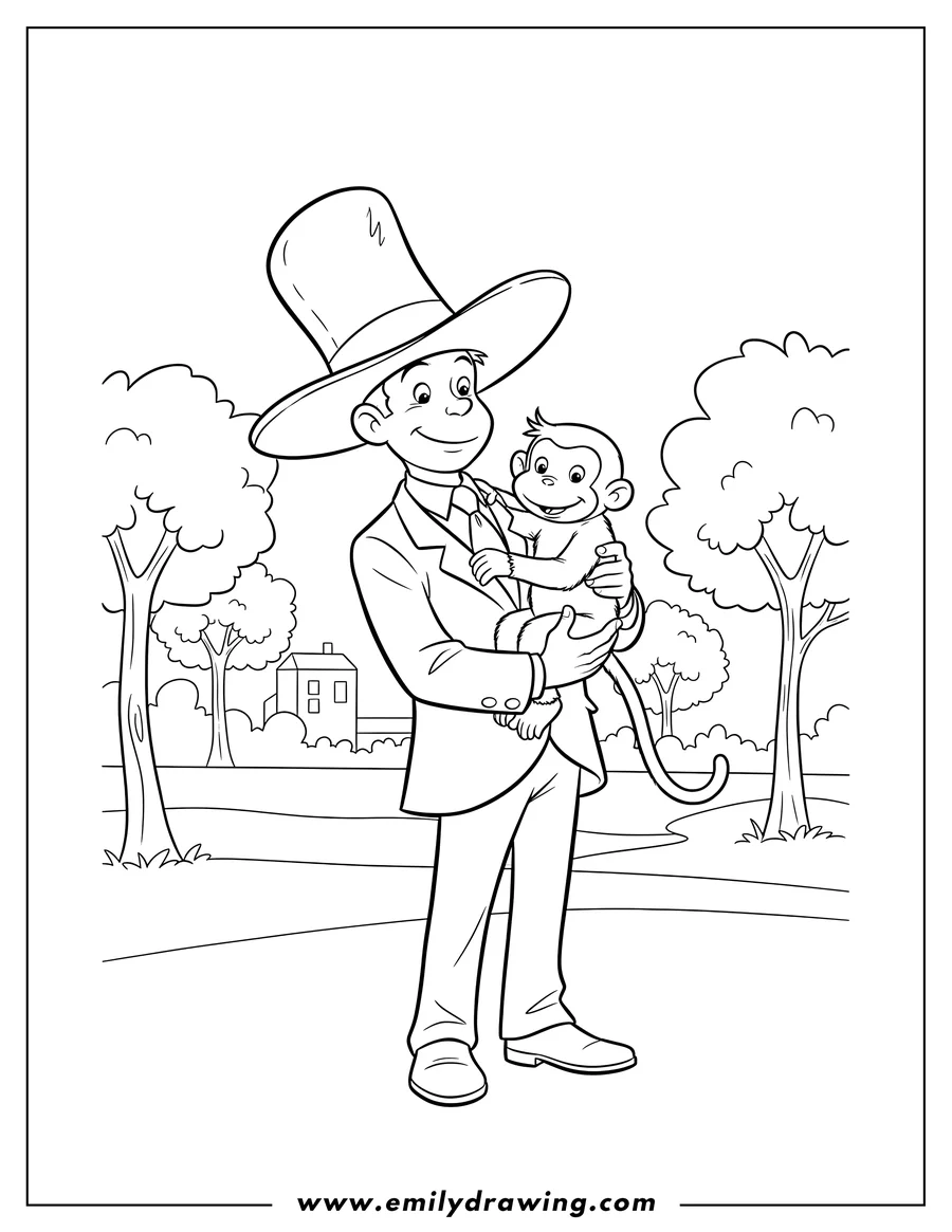 Printable coloring page of curious George Tv: The Man with the Yellow Hat holding Curious George