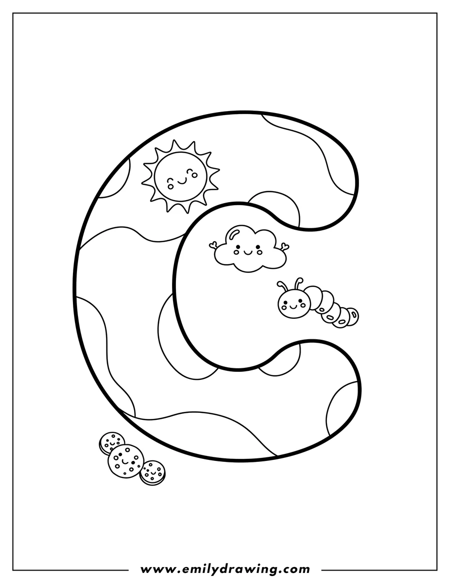 Printable line art of curvy bubble letter C outline for preschoolers
