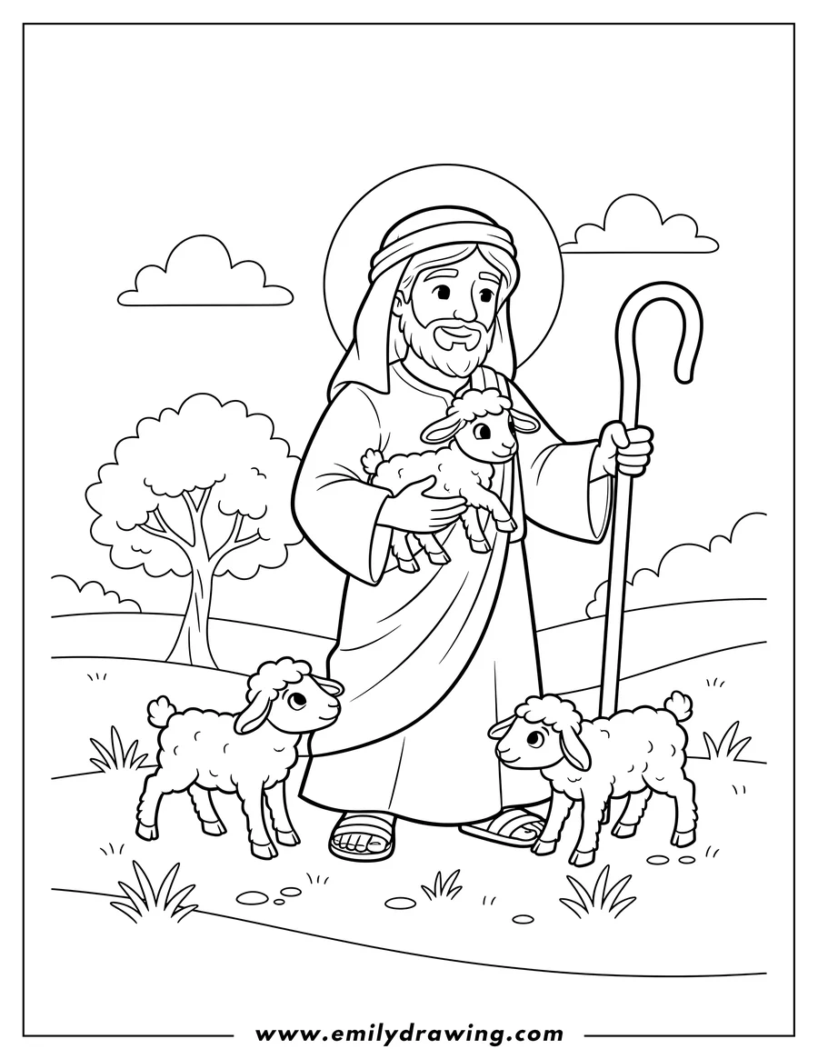 Linear illustration of easy Cute Cartoon Jesus holding a lamb and a shepherd's staff, with two lambs on the ground