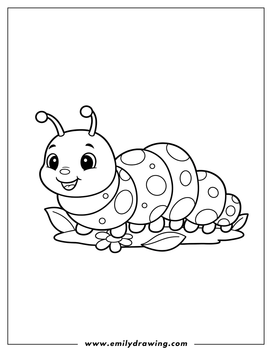 Downloadable coloring page of easy, cute caterpillar with spots and antennae for preschoolers