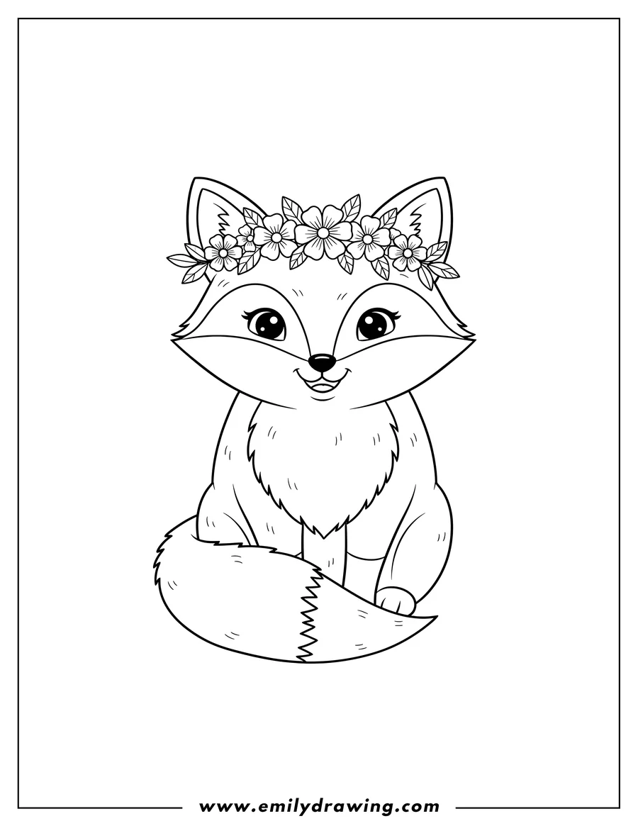 Black and white line art of easy Cute Fox Wearing Flower Crown, sitting and smiling