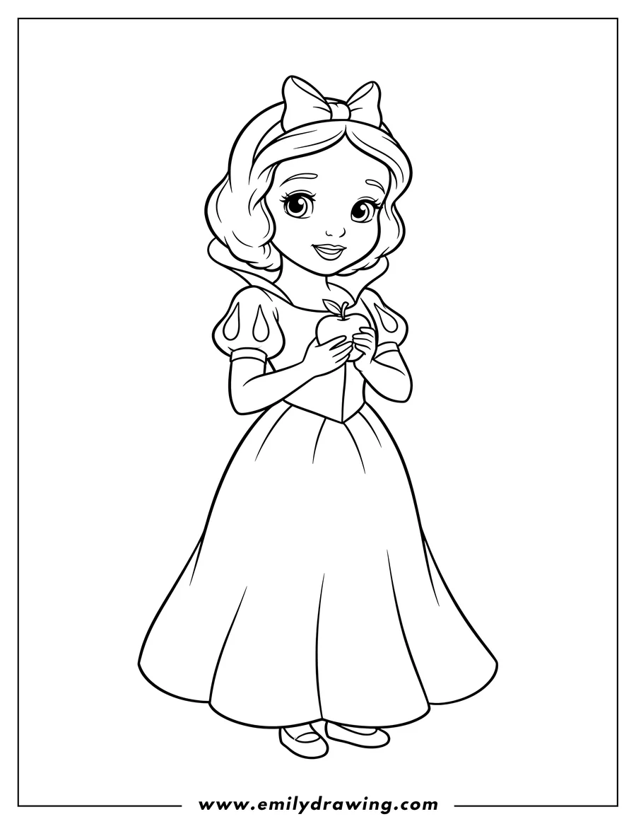 Doodle style coloring picture of easy Cute Snow White with a bow in her hair, holding an apple with clasped hands, preschoolers