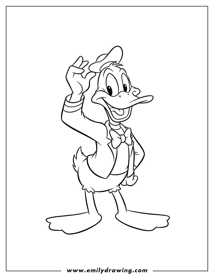 Coloring sheet featuring daffy Duck standing with one wing raised and a surprised expression