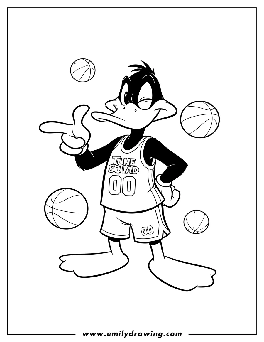 Printable line art of daffy Duck Wearing Tune Squad Jersey and Shorts, Winking and Pointing