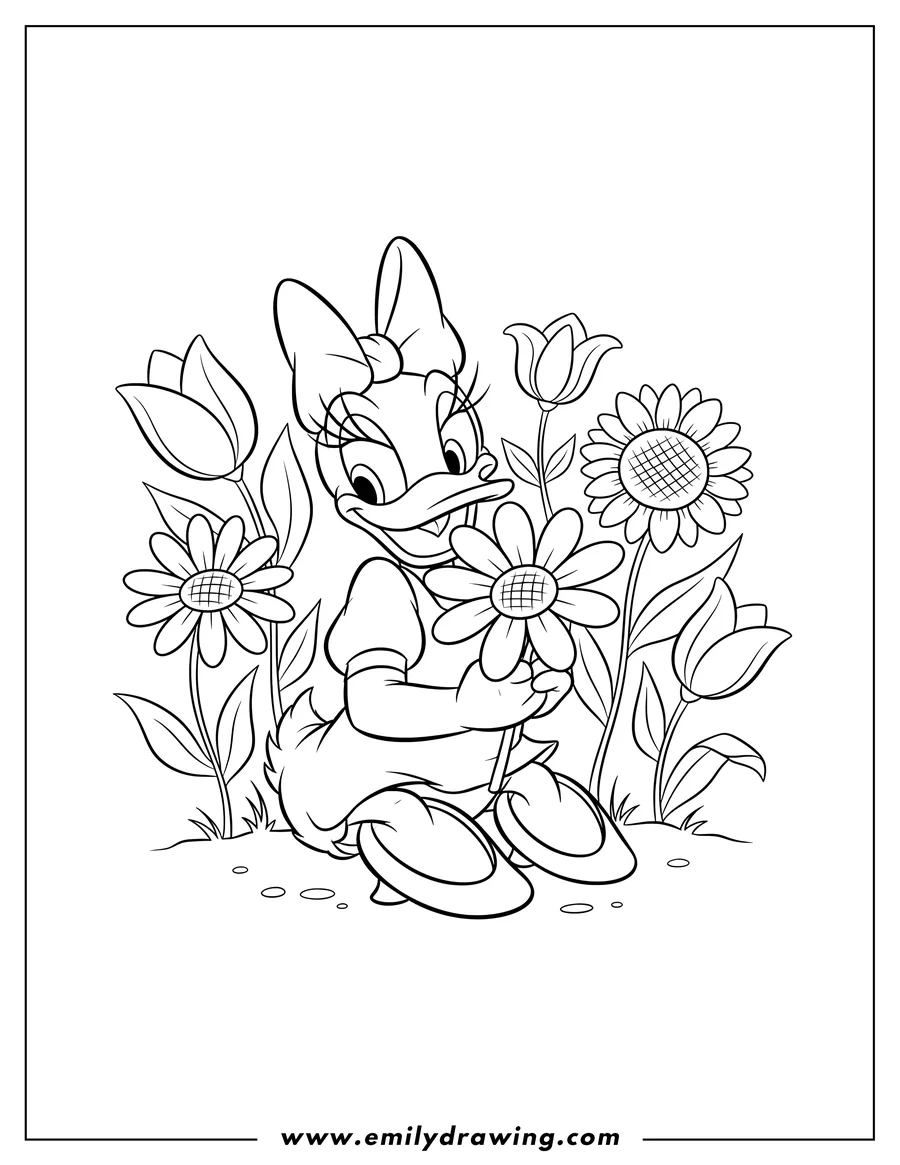 Printable coloring page of easy Daisy Duck sitting and holding a flower among other flowers