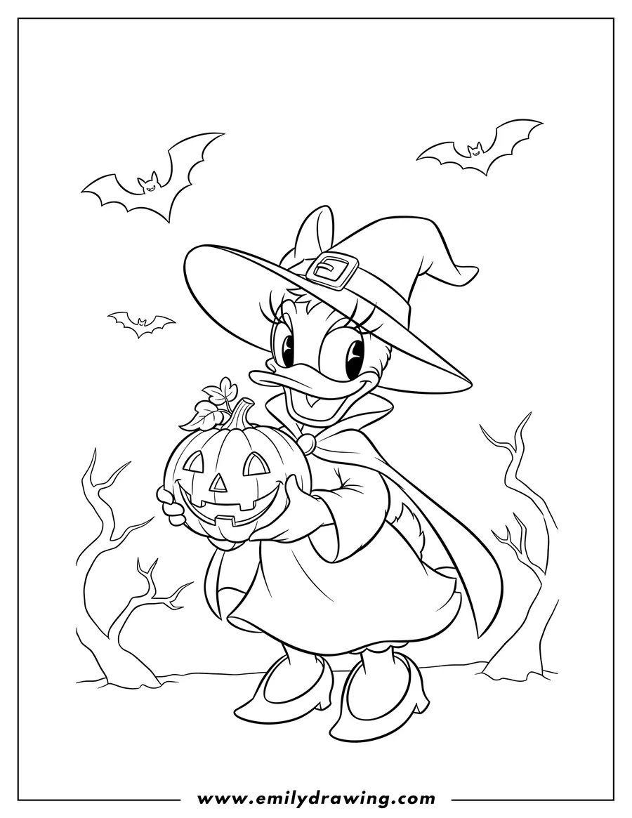 Free printable coloring sheet of daisy Duck wearing a witch hat, holding a happy-faced Jack-o'-lantern on Halloween