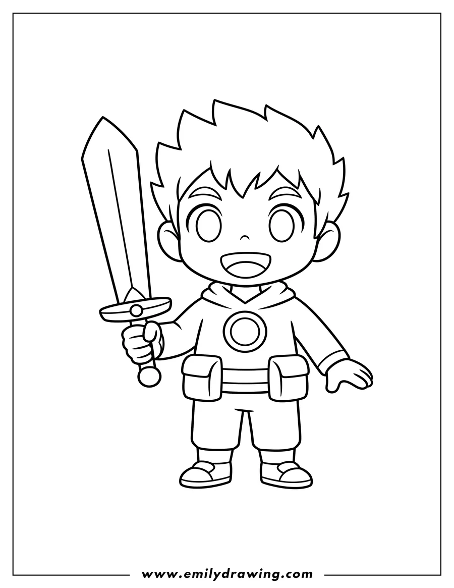 Free printable coloring sheet of easy Dan Kouzo Preschoolers, standing and holding a sword