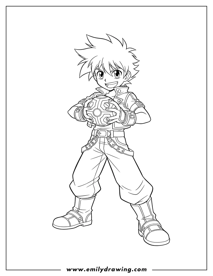 Downloadable coloring page of dan Kuso holding a sphere and smiling