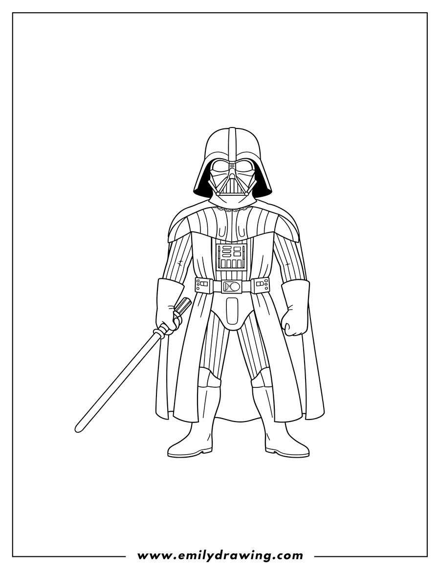 Linear illustration of easy Darth Vader standing, holding a lightsaber