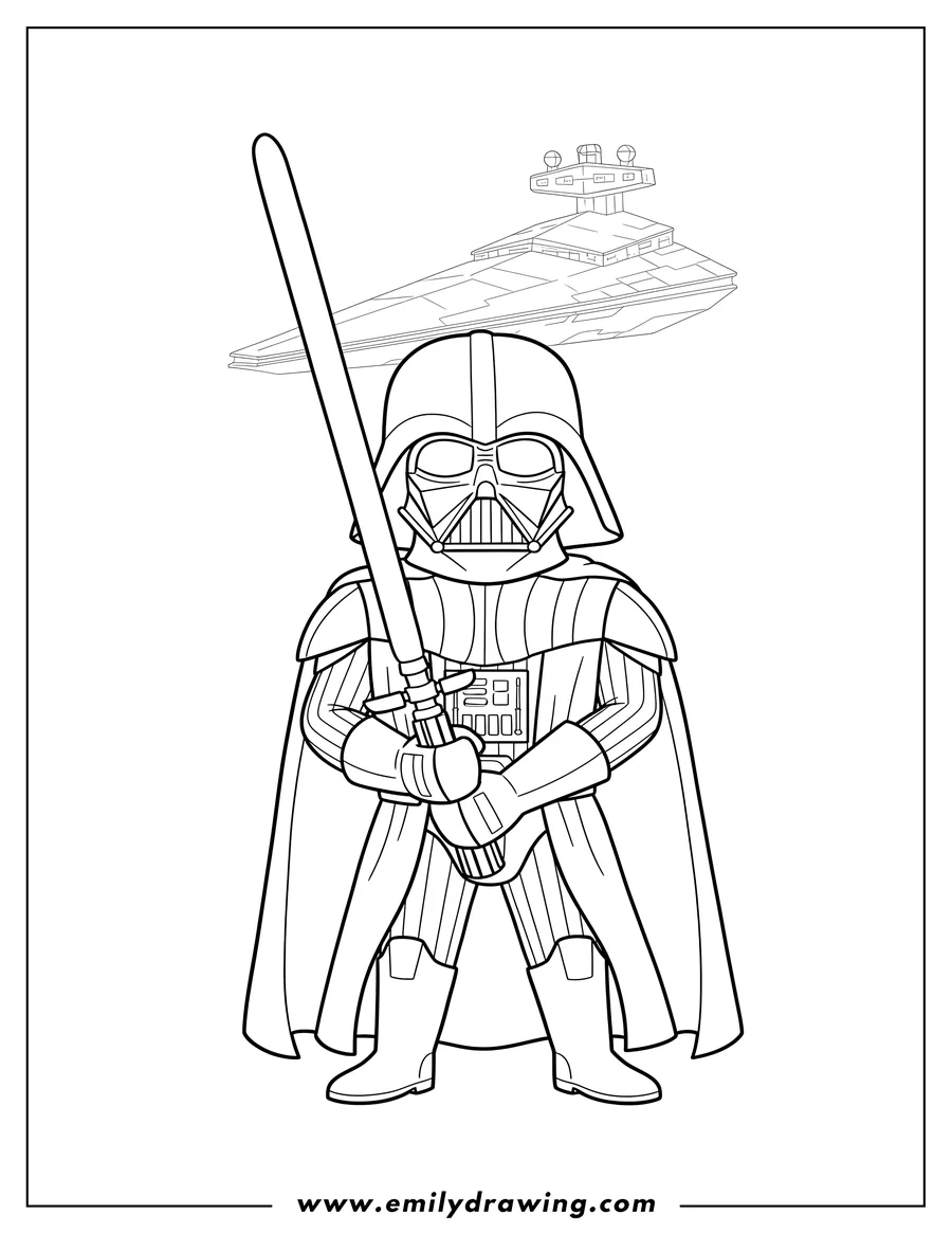 Black and white line art of easy Darth Vader standing and holding a lightsaber