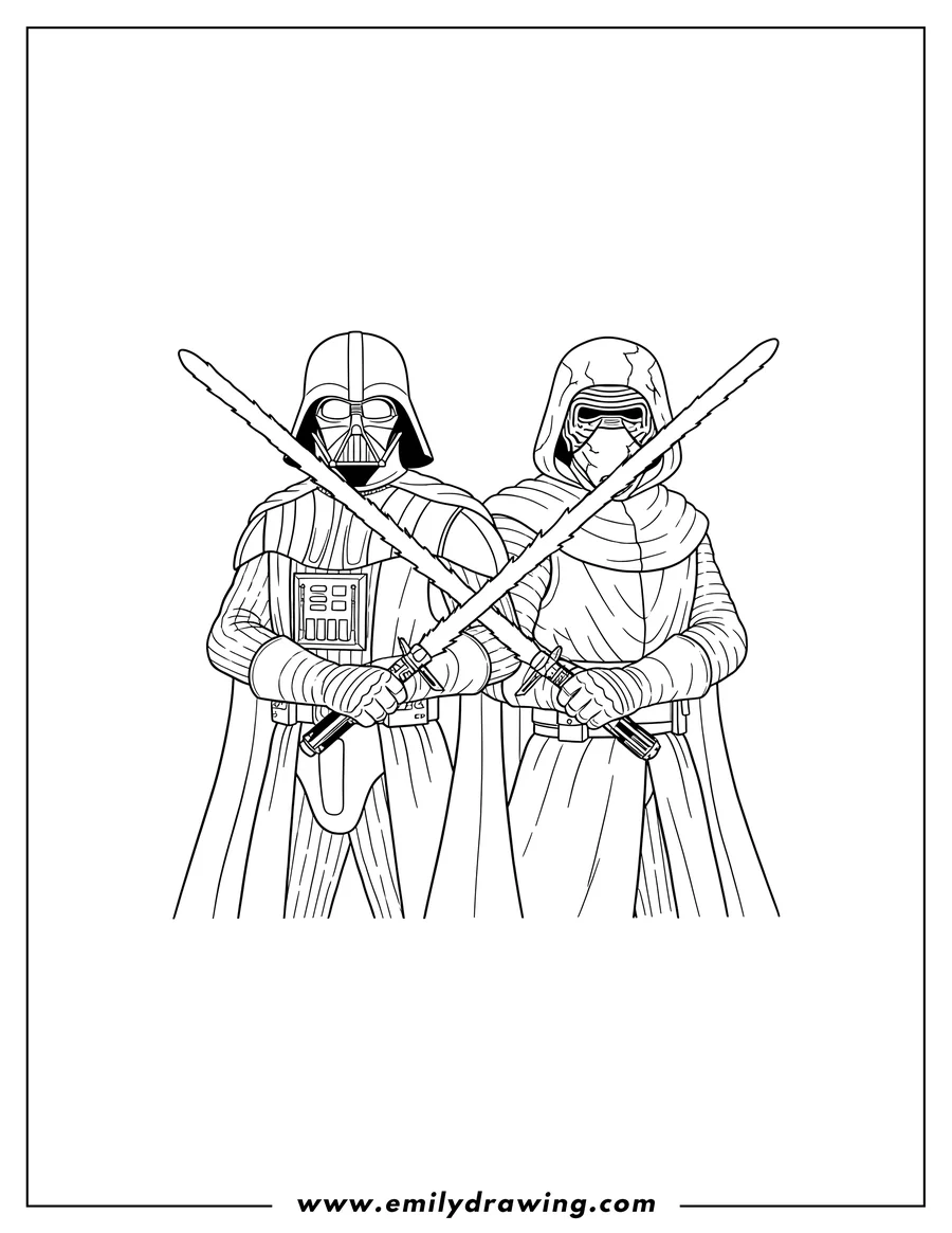Black and white line art of darth Vader With Kylo Ren, holding crossed lightsabers