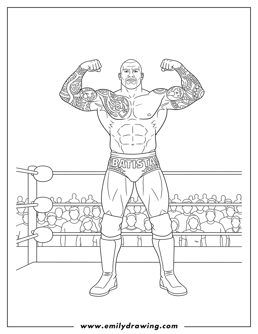 Free to print drawing of dave Bautista Wwe Wrestler To Color, shirtless with arm tattoos and 'BATISTA' trunks, in a wrestling ring