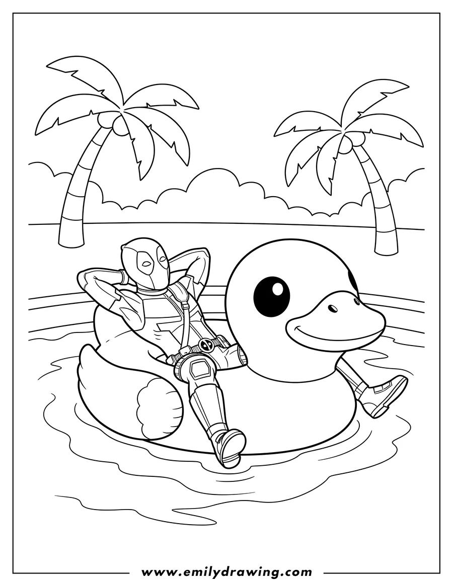 Linear illustration of deadpool relaxing in a swimming pool on a duck float