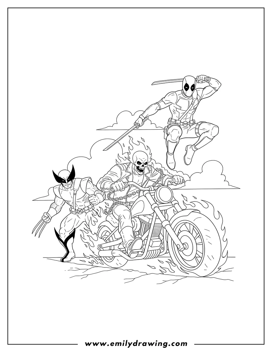 Black and white line art of ghost Rider riding a flaming motorcycle with Wolverine and leaping Deadpool with a katana
