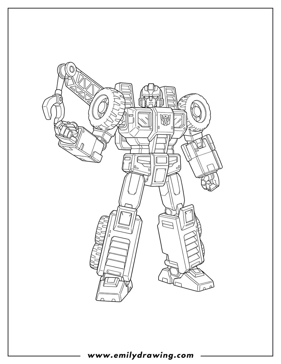 Outline drawing of decepticon Hook standing, with wheels on his shoulder