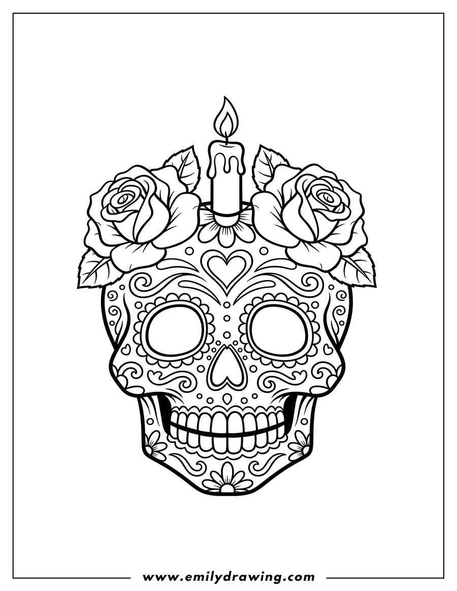 Clean line drawing: decorated Sugar Skull With Two Roses And Lit Candle On Its Head