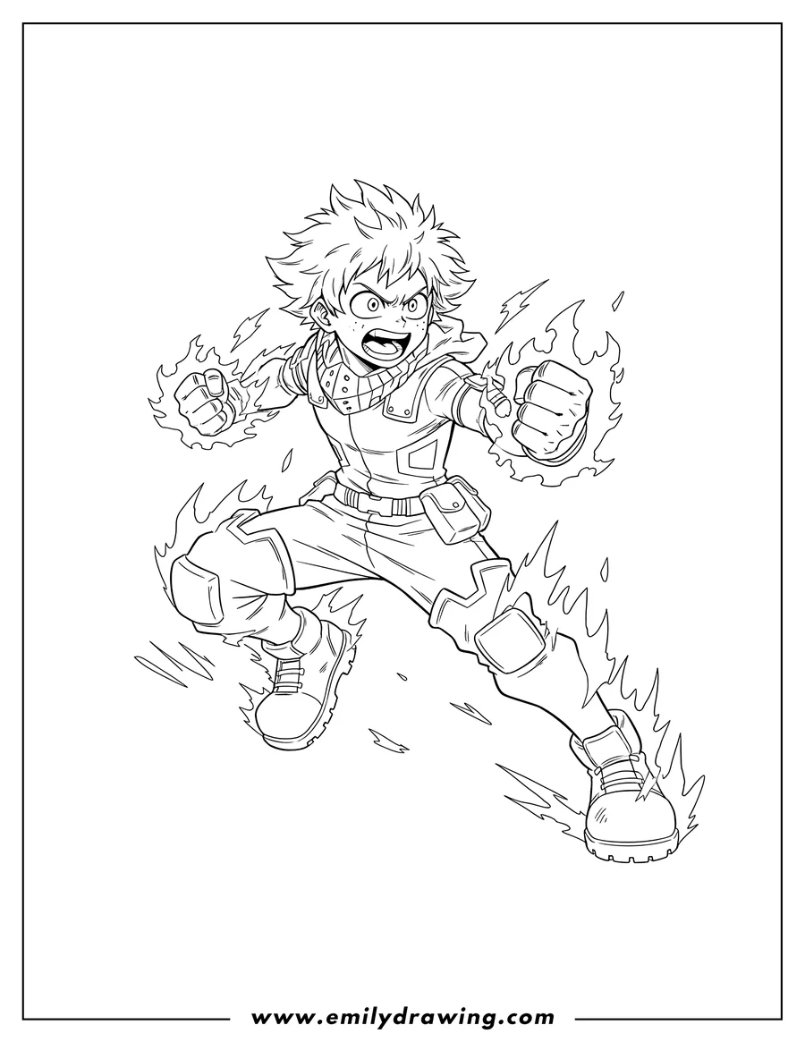 Free to print drawing of deku Battle, lunging forward, shouting, with energy bursting around him
